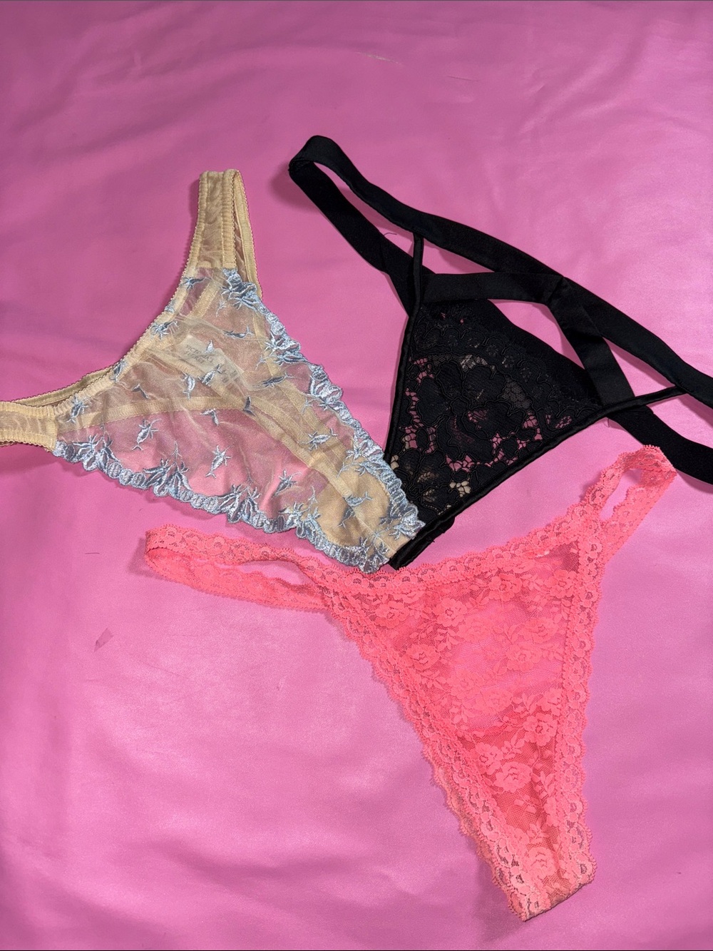 Victoria's Secret Lace Thong Trio in Black, Coral Pink & Cream